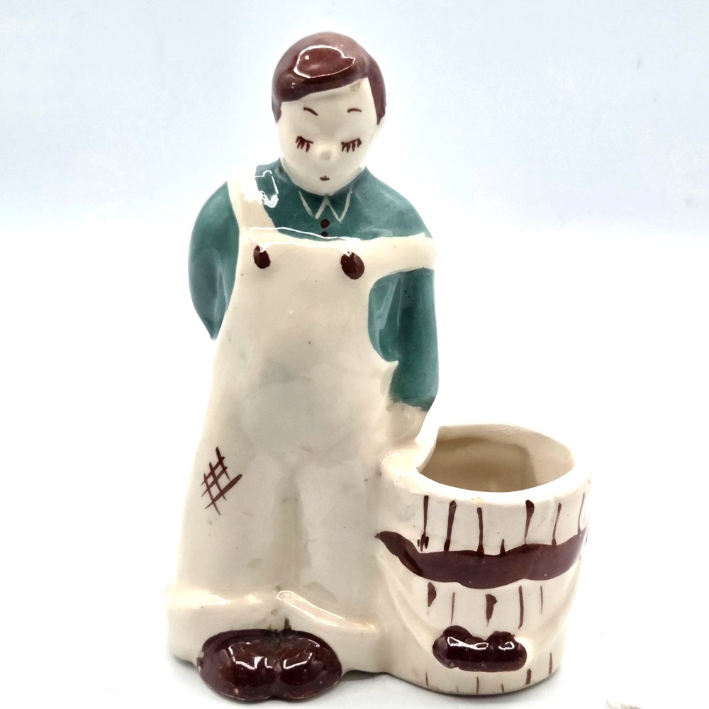 VINTAGE 1940s Ceramic Planter Farm Boy Standing Beside Miniature Barrel KITSCHY